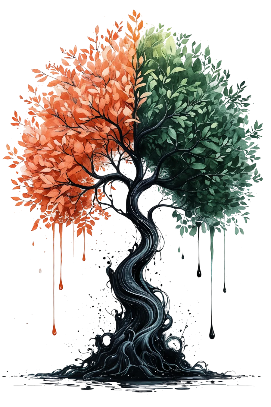 InkForest coloring books for kids and adults, tree illustration with coral crown on the left, forest green crown on the right, flowing ink trunk