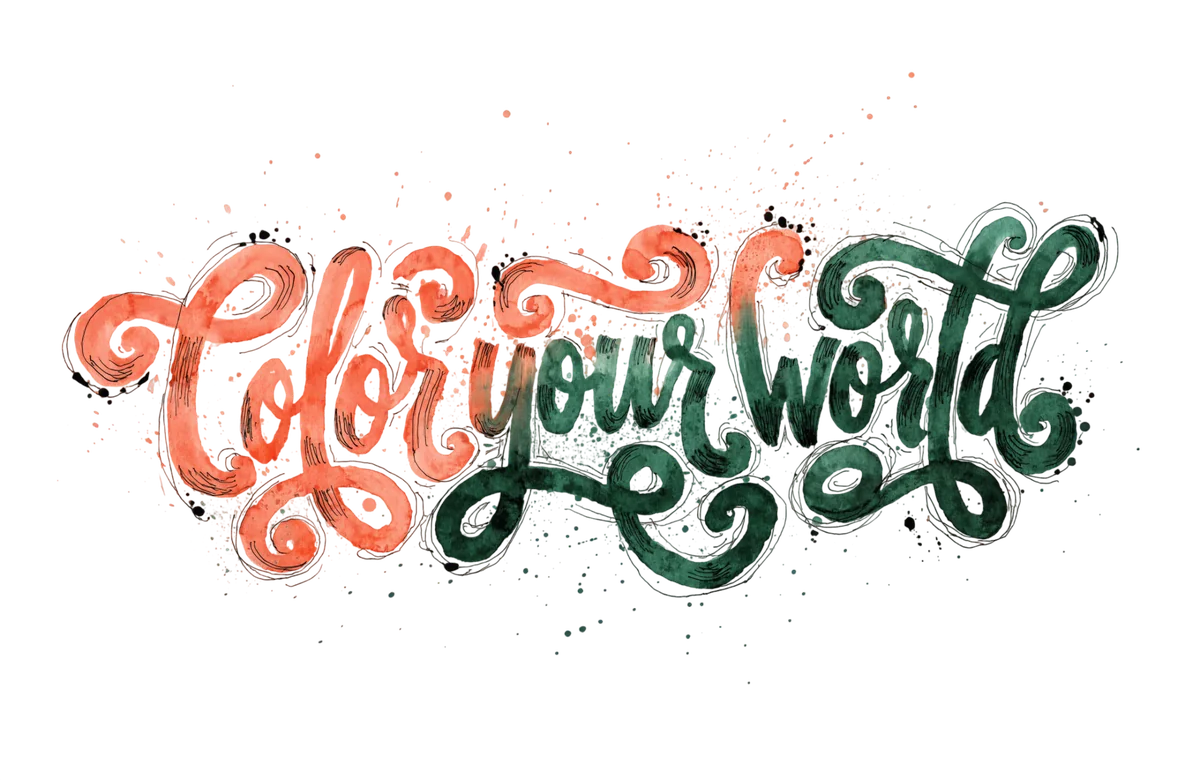 Color your World, hand-lettered calligraphy in coral and green